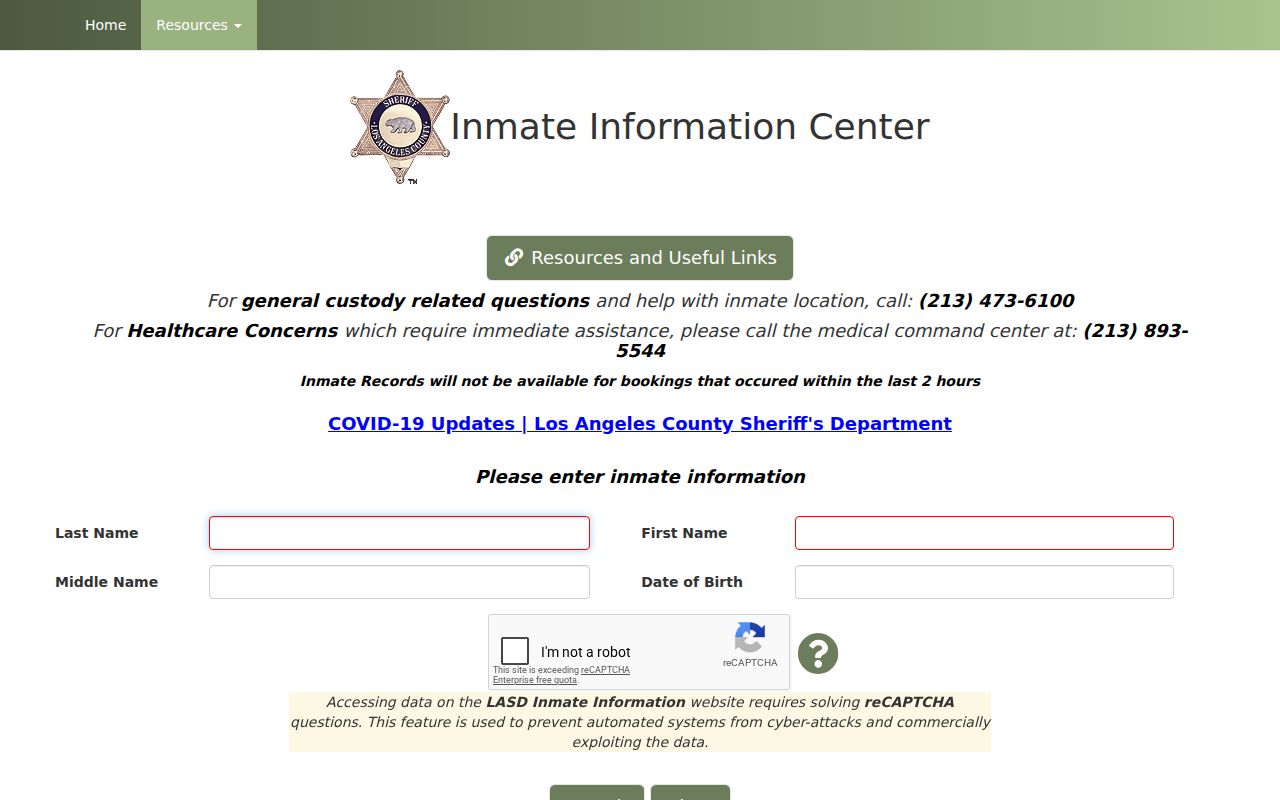 Glendale people directories LASD inmate locator search fields