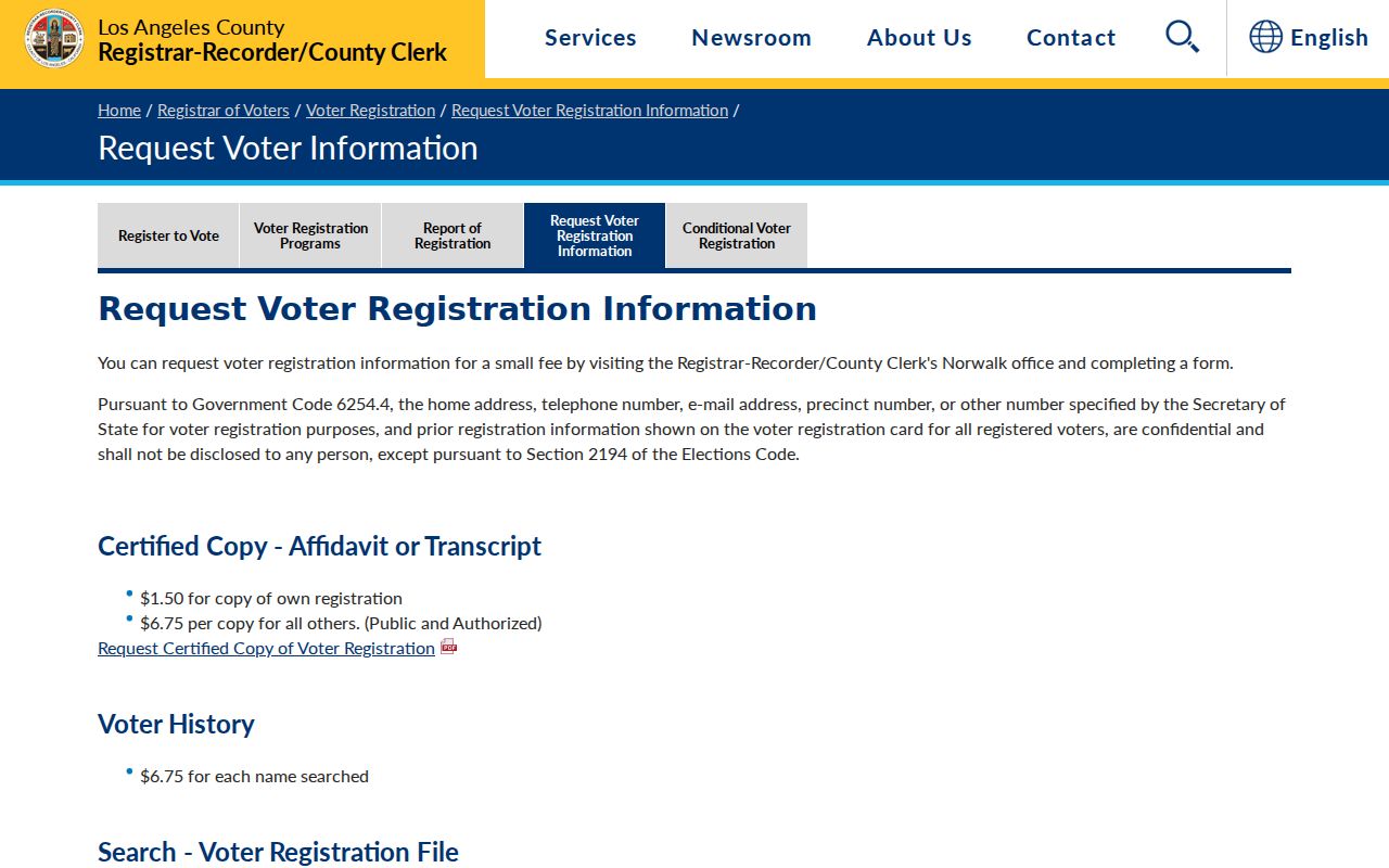 Glendale voter registration records request page at Los Angeles County LAVote